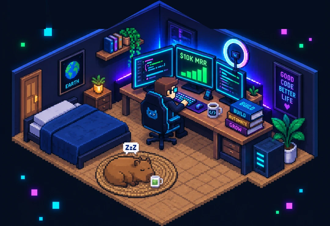 Isometric pixel bedroom at night: a coder at a triple-monitor desk showing $10K MRR, a ring light, a bed, and a capybara asleep on a jute rug.
