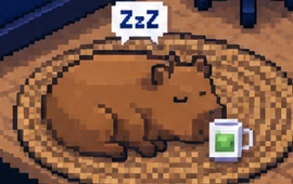 Pixel capybara asleep on a jute rug next to a mug of matcha, a ZzZ bubble above its head.