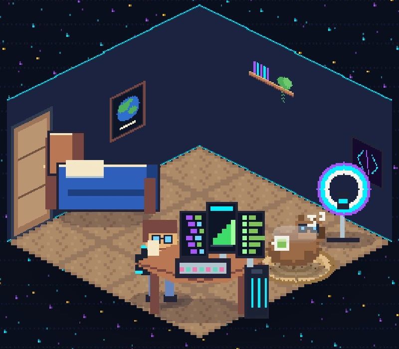 In-game capture of the Earth bedroom before the leap: bed, desk with monitors, ring light and the capybara.